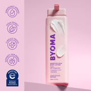 Flacon de lotion pour le corps pour peaux sensibles BYOMA avec logos de marque et de certification sur fond rose