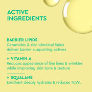 Liste des ingrédients actifs pour les soins de la peau sur fond jaune avec des bulles.