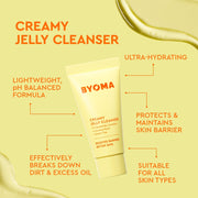 BYOMA Creamy Jelly Cleanser avec produit et caractéristiques sur fond jaune