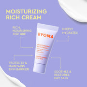 Tube de crème riche hydratante BYOMA avec texte sur fond violet