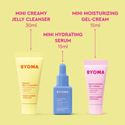 Produits de soin BYOMA comprenant une gelée nettoyante crémeuse, un sérum hydratant et un gel-crème hydratant sur fond jaune.
