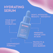 Flacon de Sérum Hydratant BYOMA du Coffret So Hydrating, avec texte, sur fond bleu.