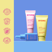 Produits de soin BYOMA sur fond bleu avec une barre latérale jaune affichant les caractéristiques de la marque.