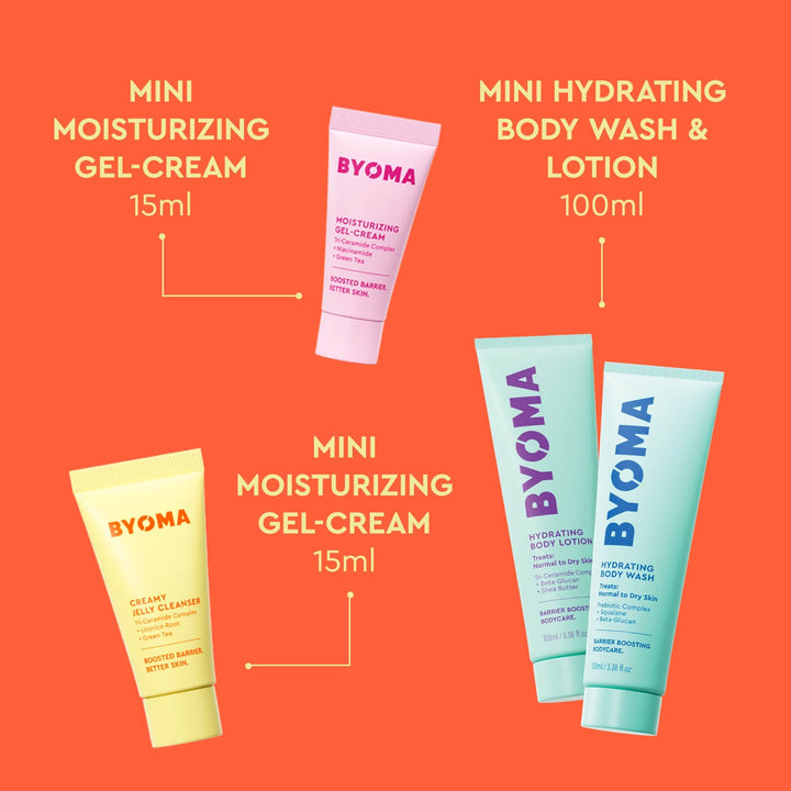 BYOMA Stellar Skincare Set produits sur fond orange.