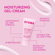 Gel-Crème Hydratant BYOMA du Coffret de Soins Stellar sur fond rose, avec détails du produit.